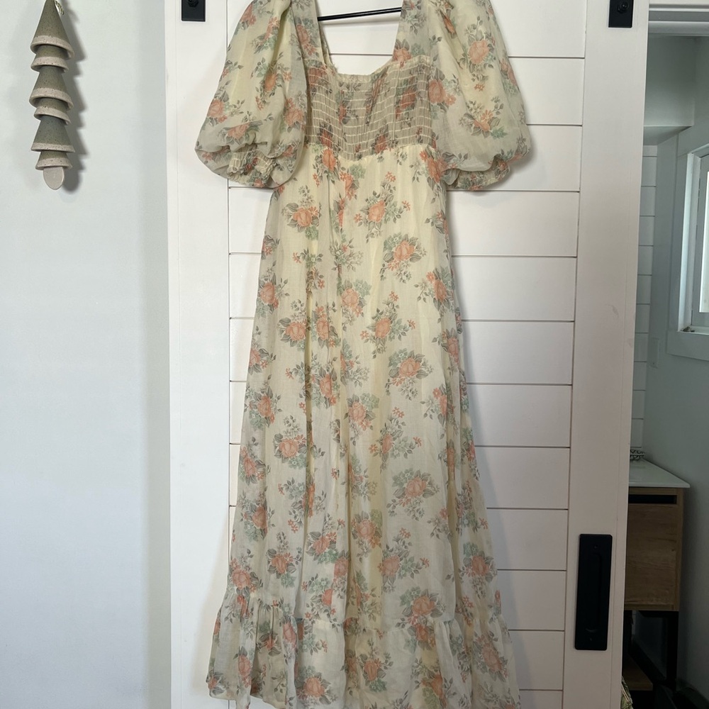 Cream Floral Maxi Dress with Peach Bouquet Print